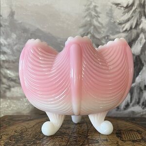 Fenton Rosalene Pink & White Footed Art Glass Bowl – Ribbed Swirl, Vintage